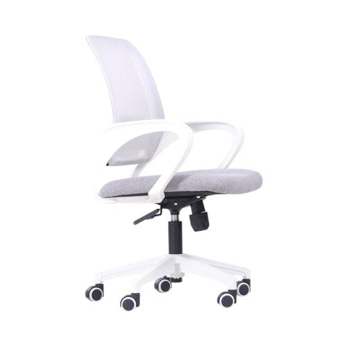 Xiaoyaozuo office chair: modern ergonomic mesh back office chair with grey fabric seat and white frame, adjustable height, and casters.