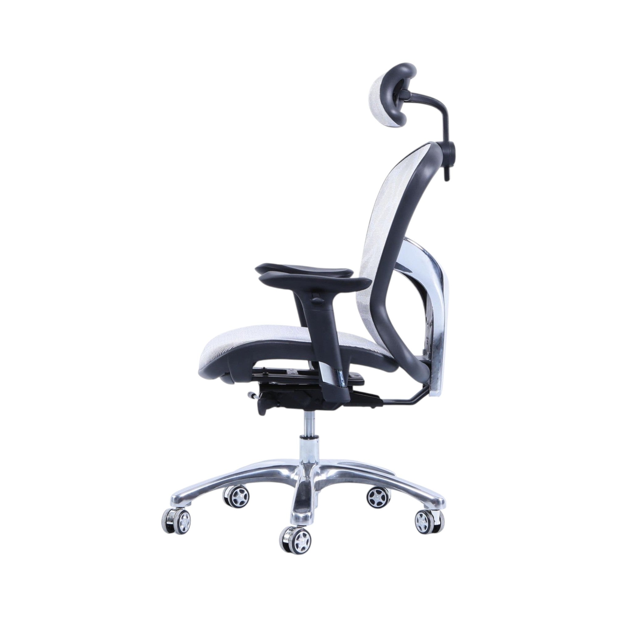 Xiaoyaozuo office chair ergonomic mesh chair with adjustable headrest and lumbar support in grey and black, on silver casters.