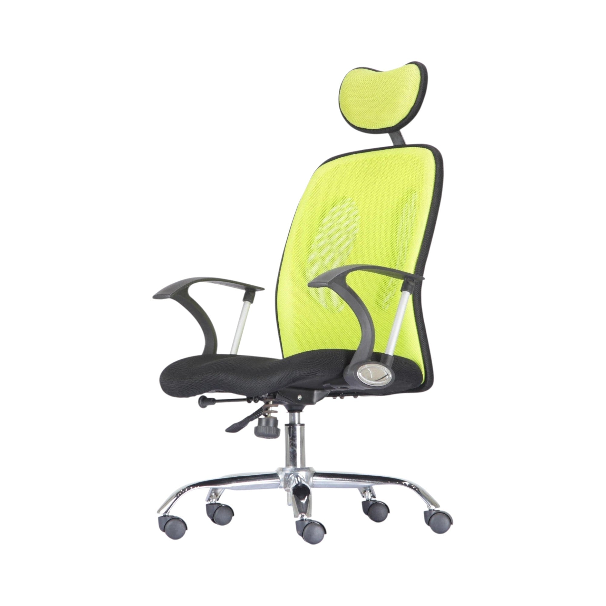 Xiaoyaozuo office chair ergonomic mesh chair with adjustable headrest, in lime green and black, with padded seat and casters.