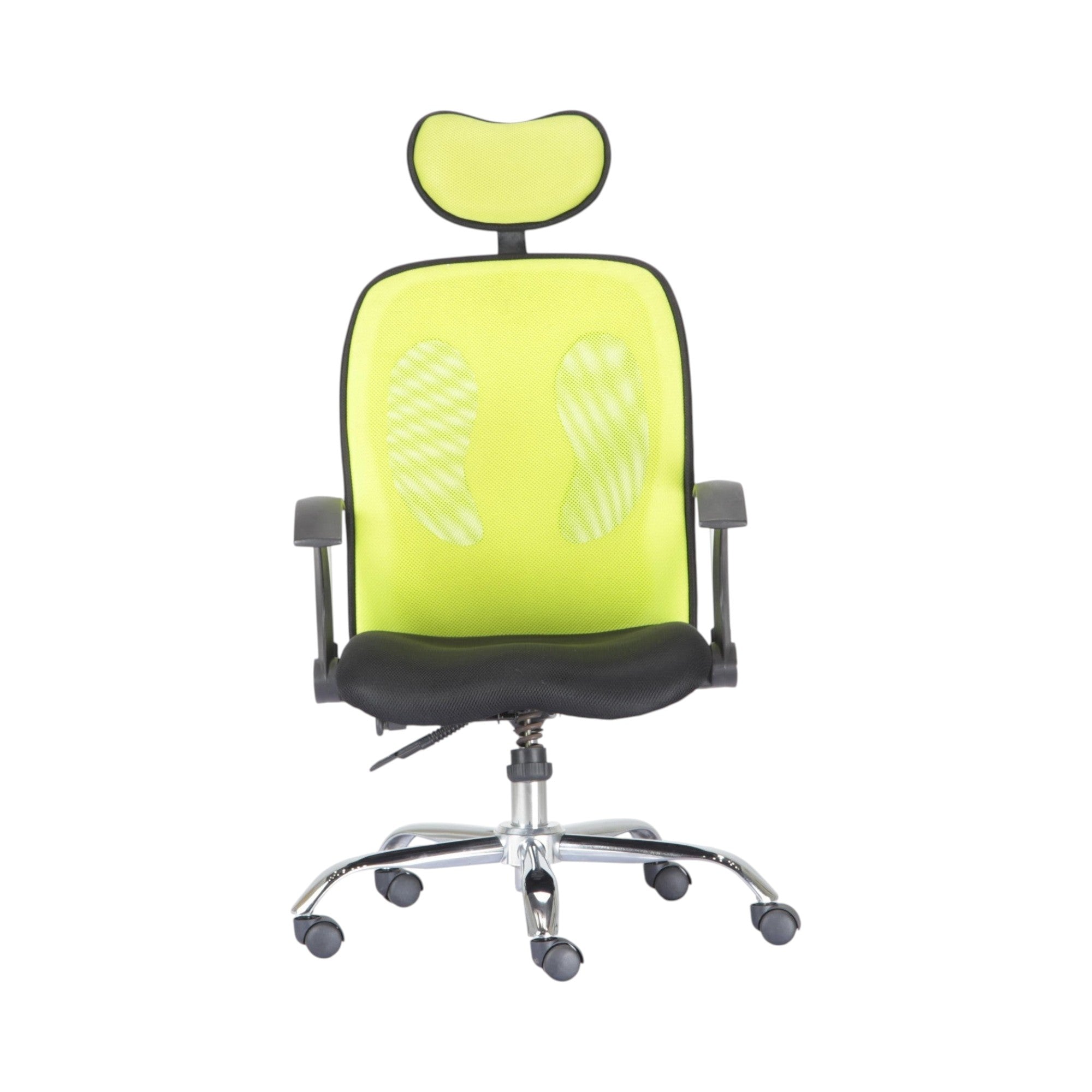 Xiaoyaozuo office chair ergonomic mesh chair with headrest in lime green and black, padded seat, adjustable armrests, and smooth-rolling casters.