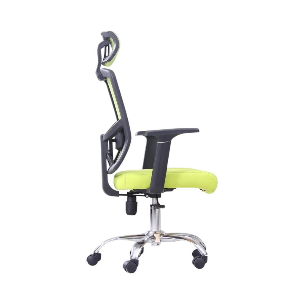 Xiaoyaozuo office chair ergonomic mesh chair with adjustable headrest and padded lime green seat, black frame, chrome base with casters.