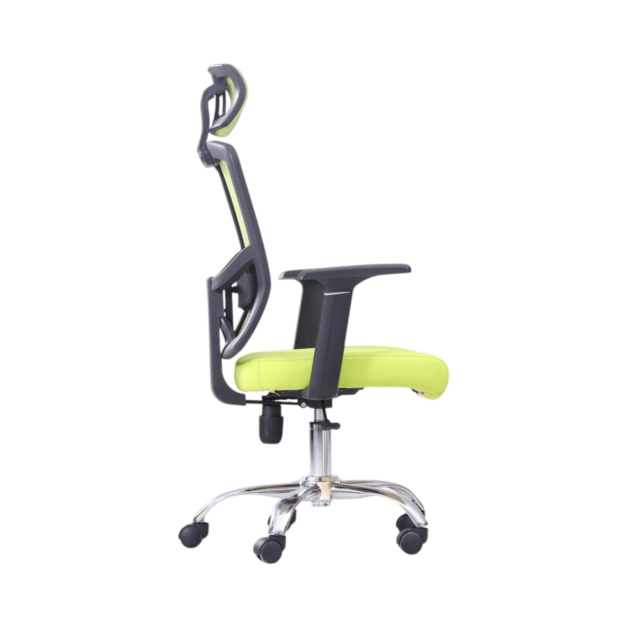 Xiaoyaozuo office chair ergonomic mesh chair with adjustable headrest and padded lime green seat, black frame, chrome base with casters.