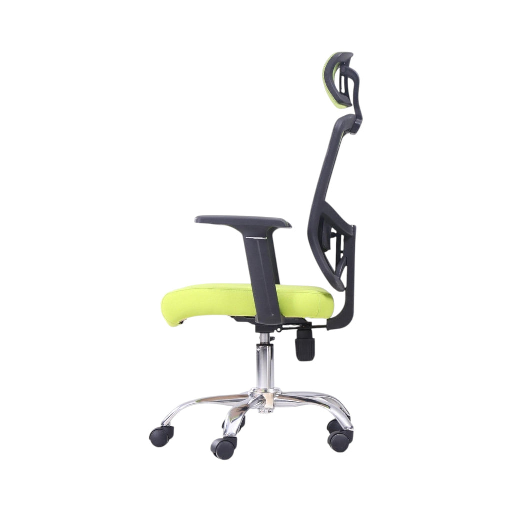 Xiaoyaozuo office chair: Ergonomic mesh office chair with adjustable headrest, padded lime green seat, and black mesh back.