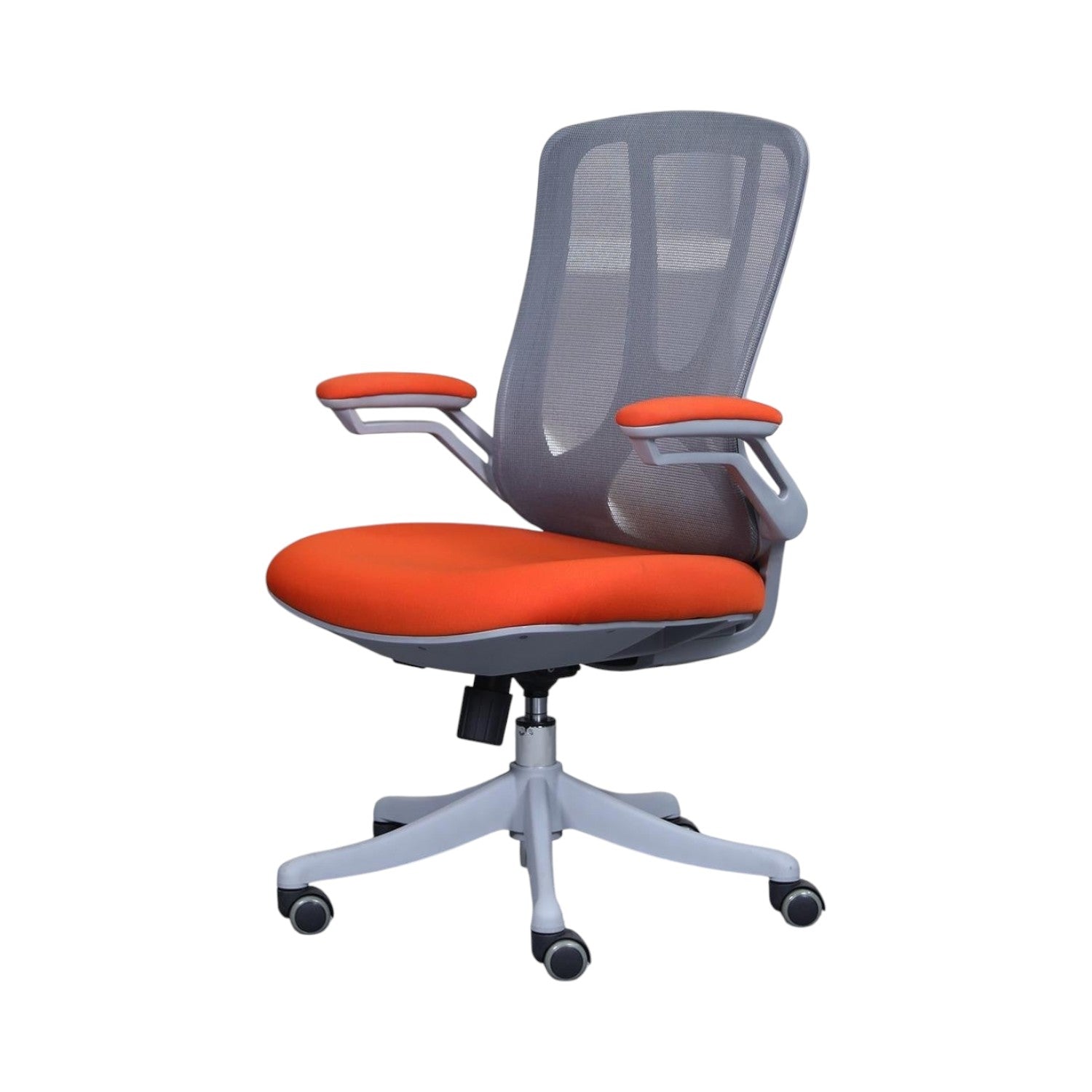 Xiaoyaozuo office chair: grey mesh back ergonomic office chair with orange upholstered seat and armrests, adjustable height, casters.