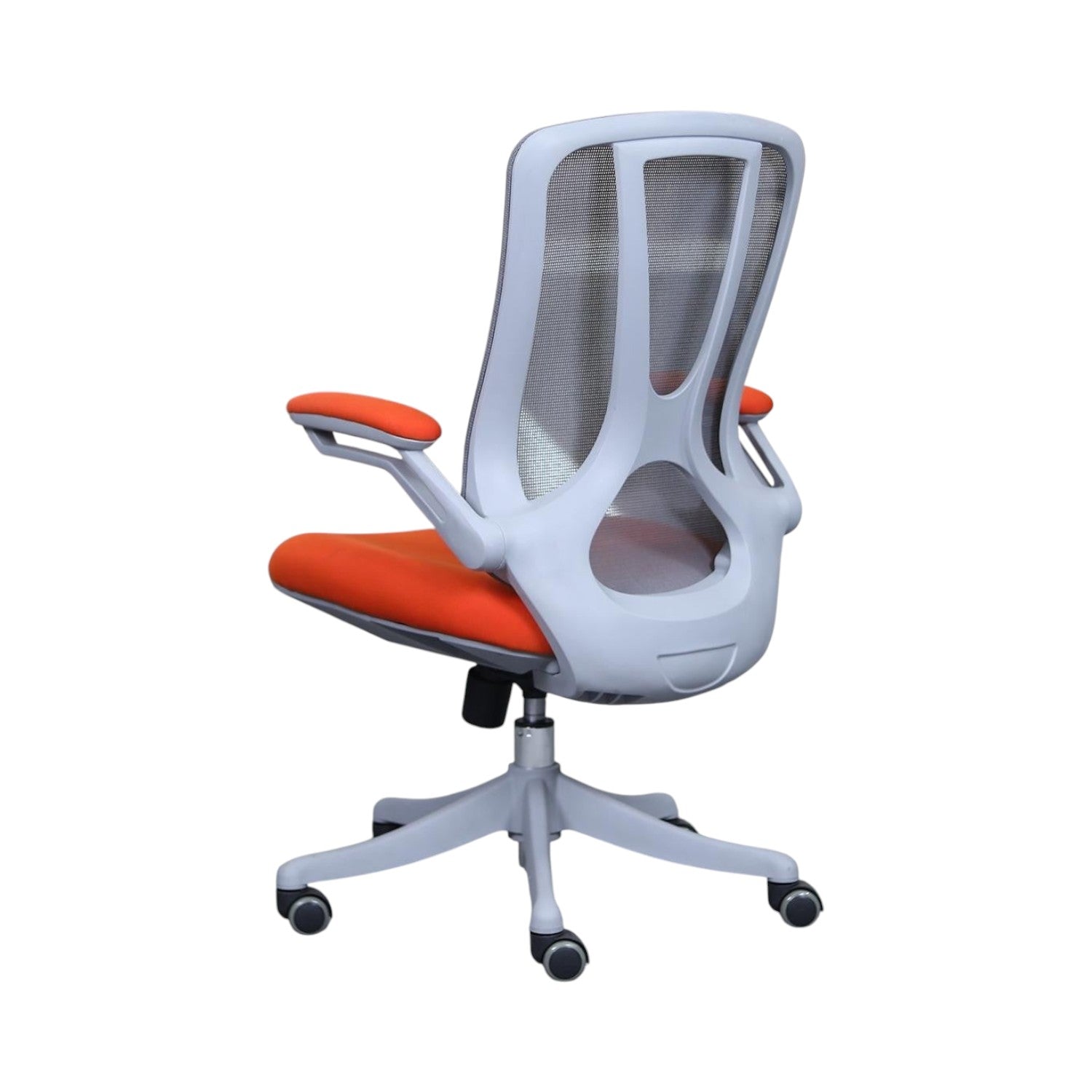 Xiaoyaozuo office chair: Ergonomic grey mesh back office chair with orange upholstered seat and armrests, adjustable height, on casters.