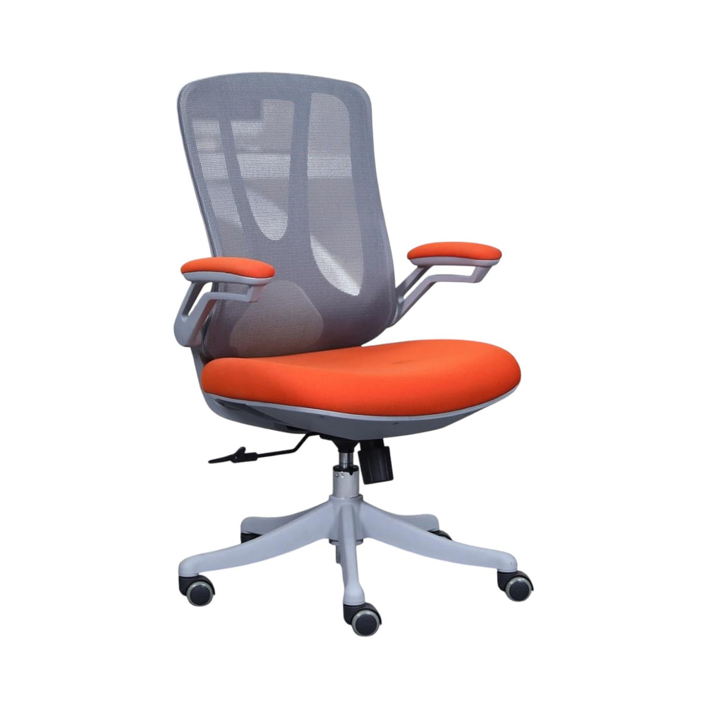 Xiaoyaozuo office chair: grey mesh back ergonomic office chair with orange upholstered seat and armrests, adjustable height, casters.
