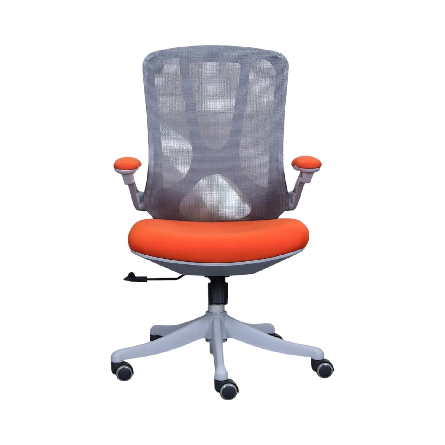 Xiaoyaozuo office chair: Grey mesh back ergonomic office chair with orange upholstered seat and armrests, adjustable height, casters.
