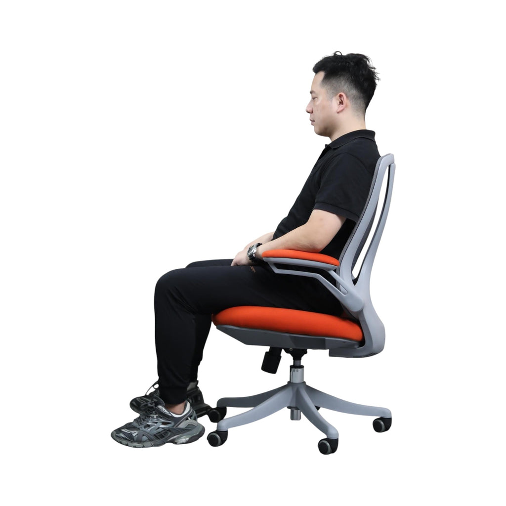 Xiaoyaozuo office chair: grey mesh back ergonomic chair with orange upholstered seat and armrests, adjustable height, on casters.