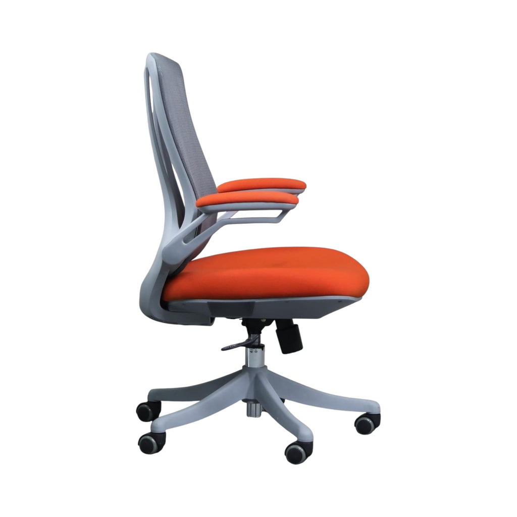 Xiaoyaozuo office chair: Ergonomic grey mesh back office chair with orange upholstered seat and armrests, adjustable height, on casters.