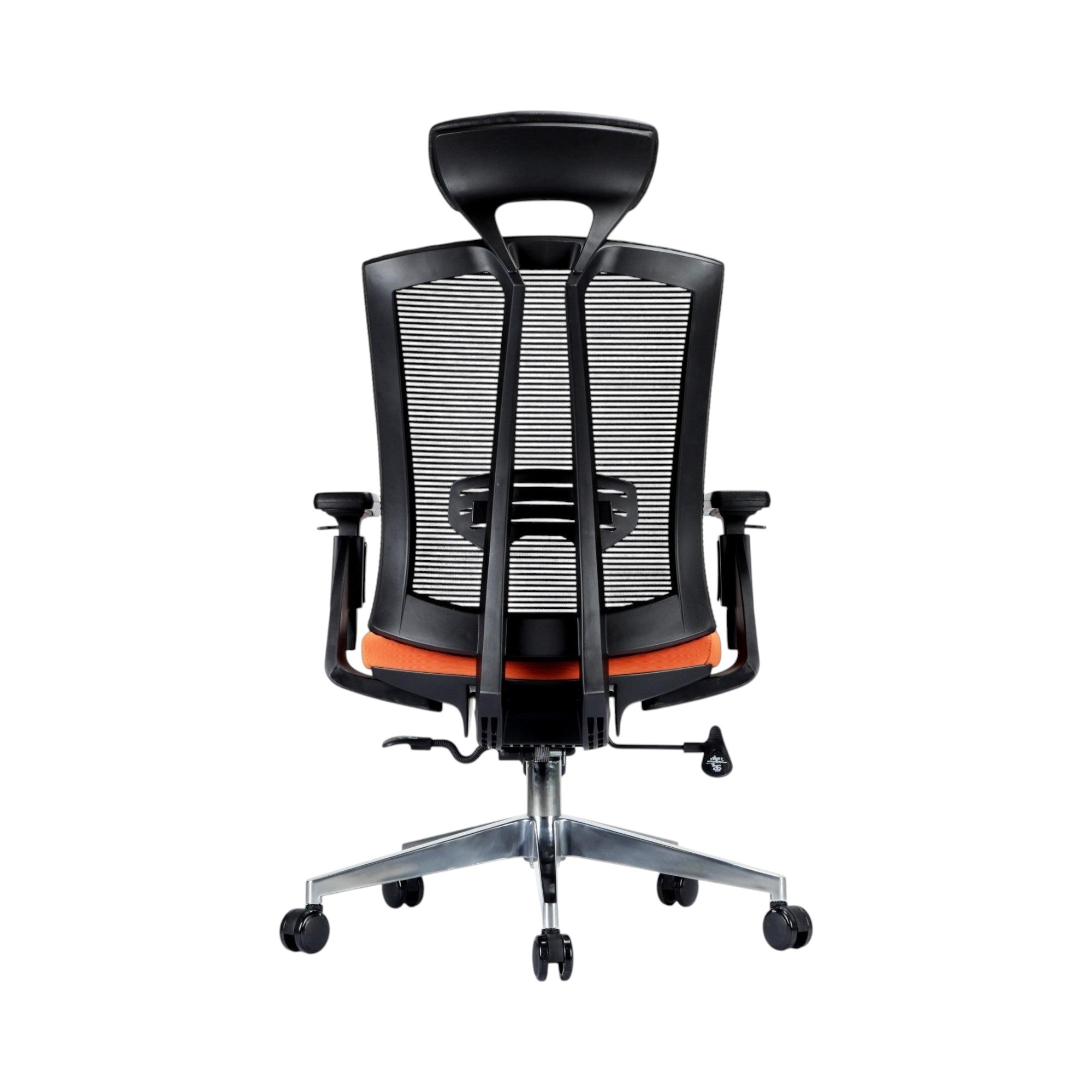 Xiaoyaozuo office chair: Ergonomic black mesh back office chair with orange seat and adjustable headrest.