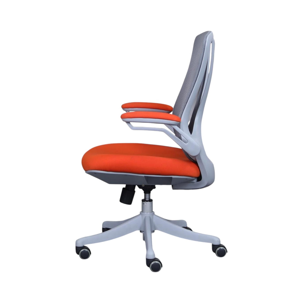 Xiaoyaozuo office chair: Ergonomic grey mesh back office chair with orange upholstered seat and armrests, adjustable height, and casters.