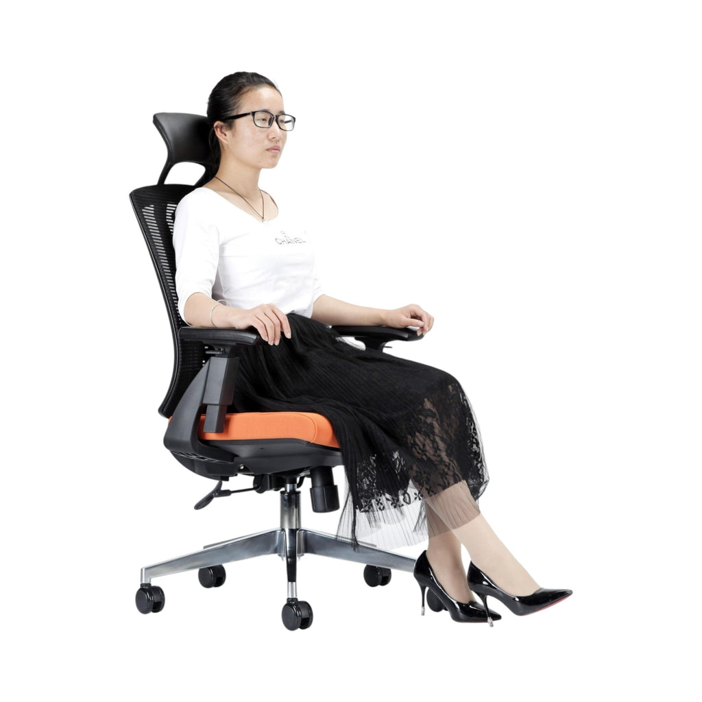 Xiaoyaozuo office chair: Ergonomic black mesh office chair with adjustable headrest and orange upholstered seat, shown with a woman seated.