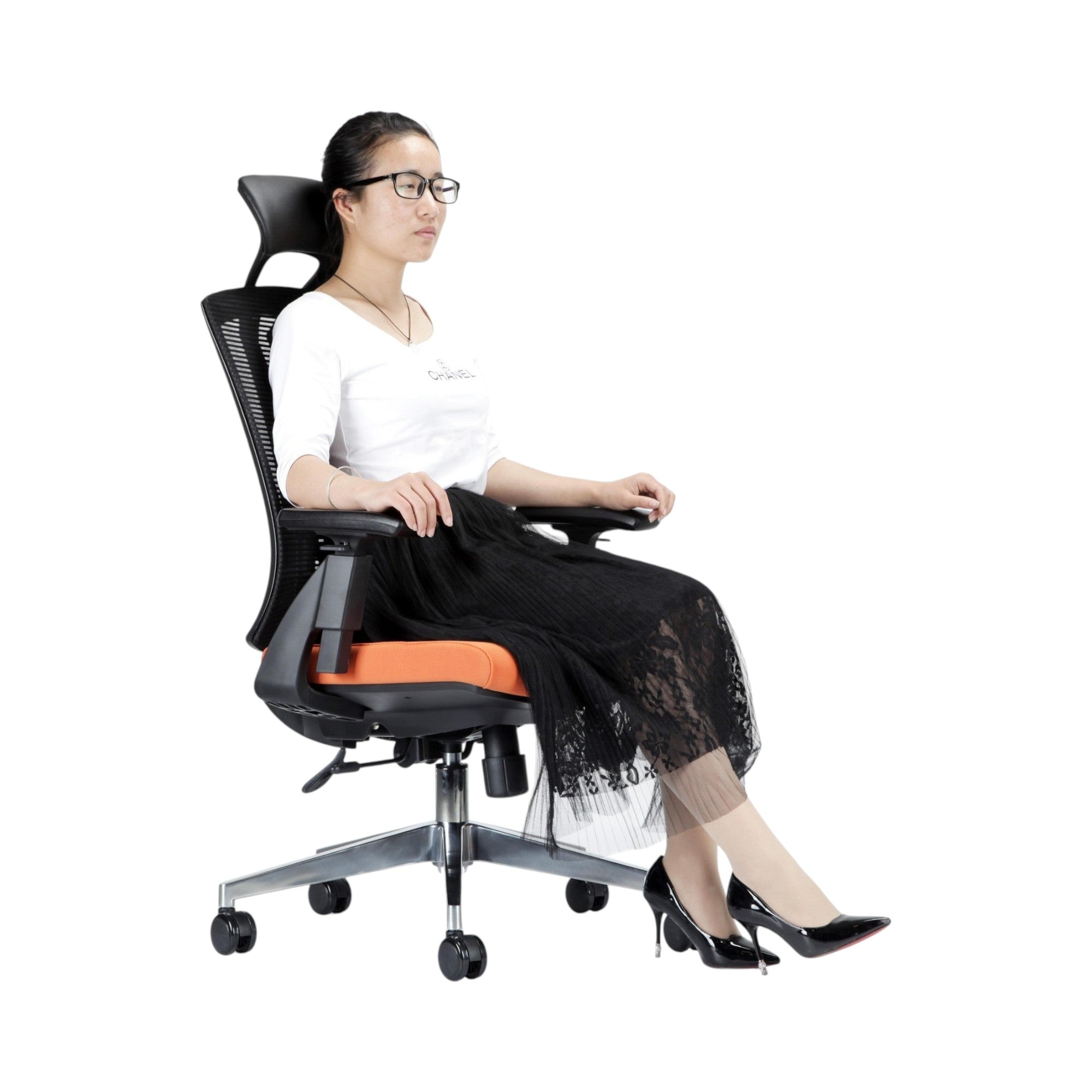 Xiaoyaozuo office chair: Ergonomic black mesh office chair with adjustable headrest and orange upholstered seat, shown with a woman seated.