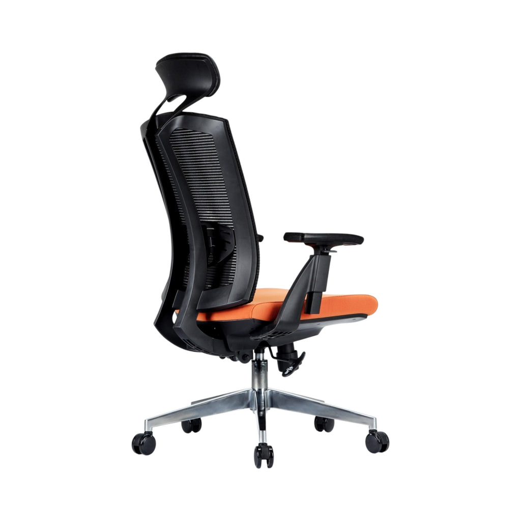 Xiaoyaozuo office chair: Black mesh back ergonomic office chair with orange upholstered seat, adjustable headrest and armrests.