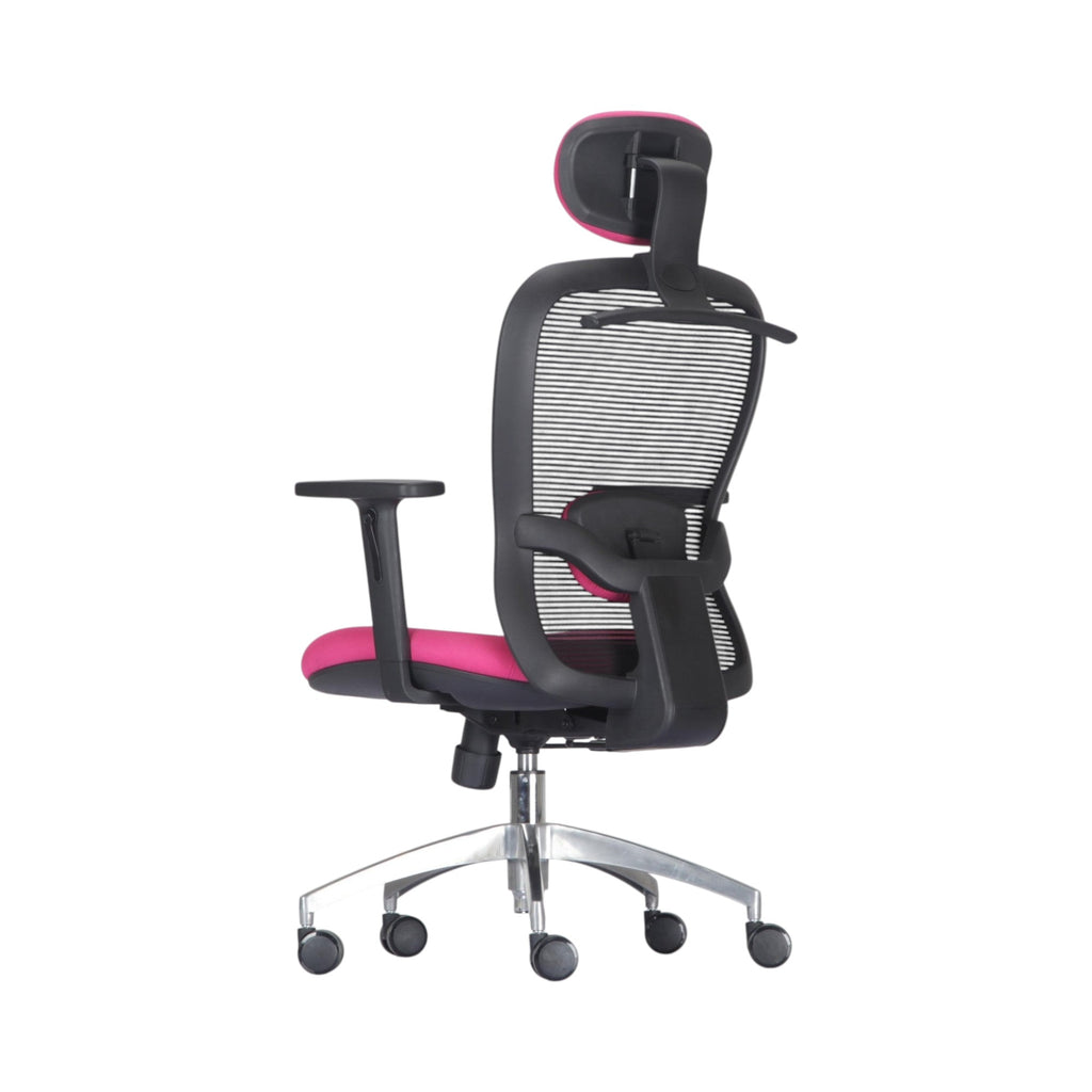 Xiaoyaozuo office chair ergonomic mesh chair with adjustable headrest and pink padded seat, black frame, silver base with casters.
