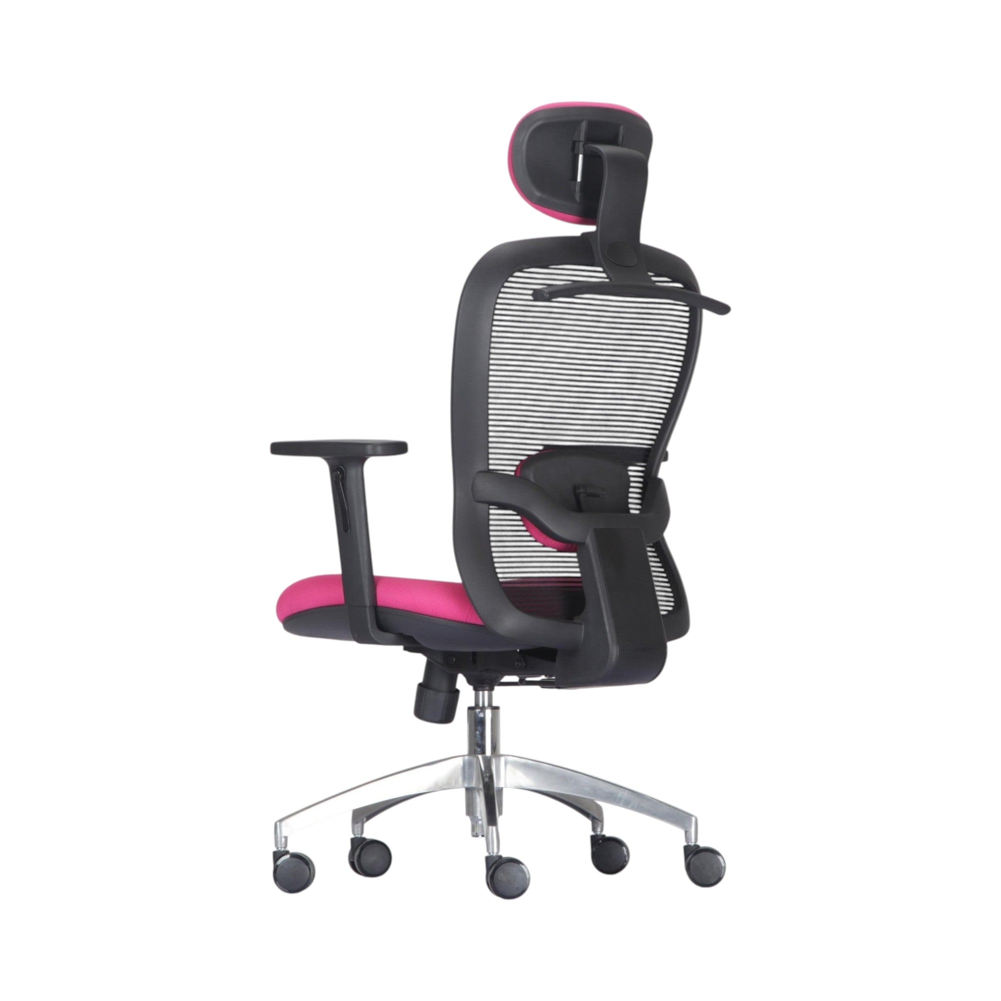 Xiaoyaozuo office chair ergonomic mesh chair with adjustable headrest and pink padded seat, black frame, silver base with casters.