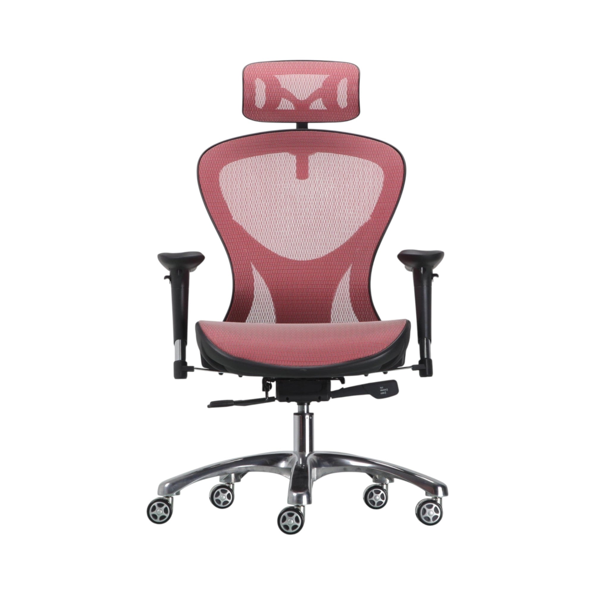 Xiaoyaozuo office chair ergonomic mesh chair in red and black with adjustable headrest and lumbar support.
