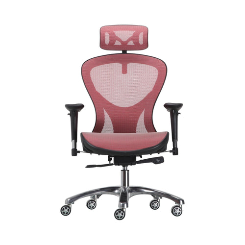 Xiaoyaozuo office chair ergonomic mesh chair in red and black with adjustable headrest and lumbar support.