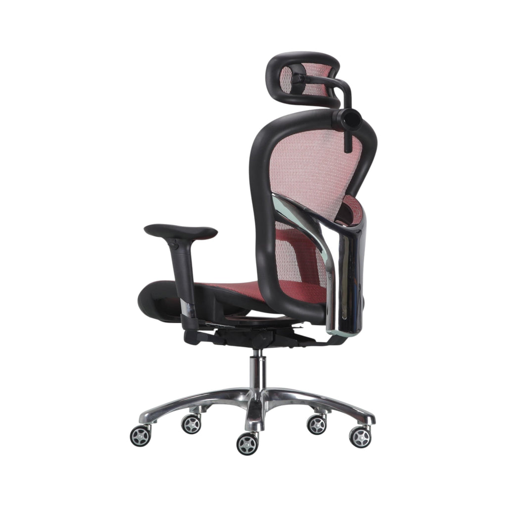 Xiaoyaozuo office chair ergonomic mesh chair with adjustable headrest in red and black, featuring breathable mesh and smooth-rolling casters.