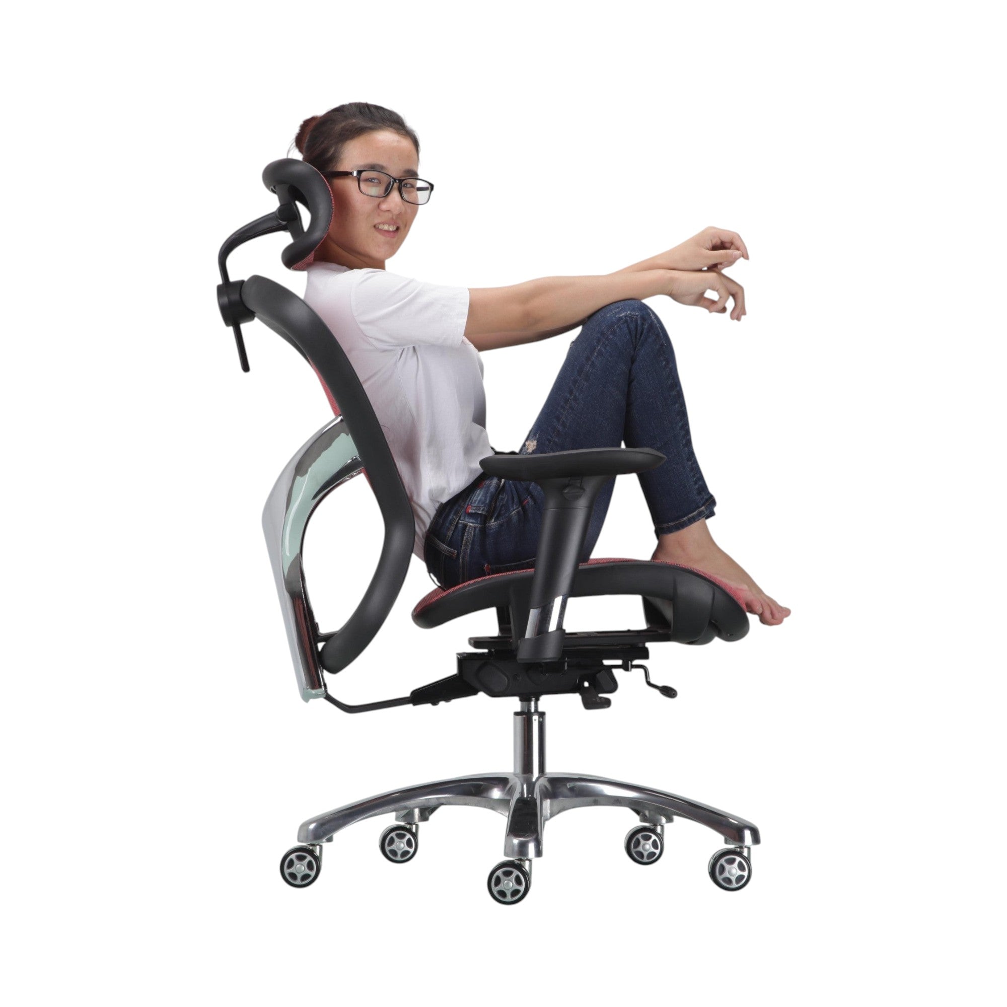Xiaoyaozuo office chair: Red and black ergonomic mesh office chair with adjustable headrest and lumbar support, shown with a woman sitting.