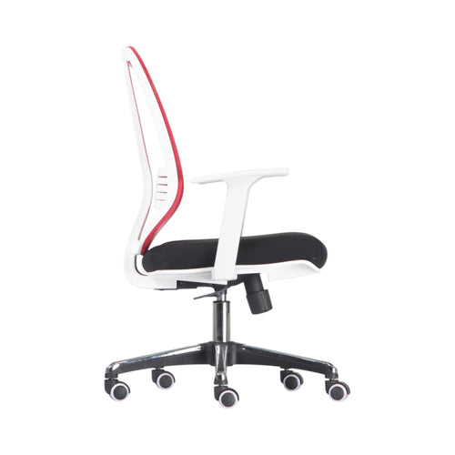 Xiaoyaozuo office chair: modern ergonomic mesh back office chair with red trim, black seat, and white armrests on casters.
