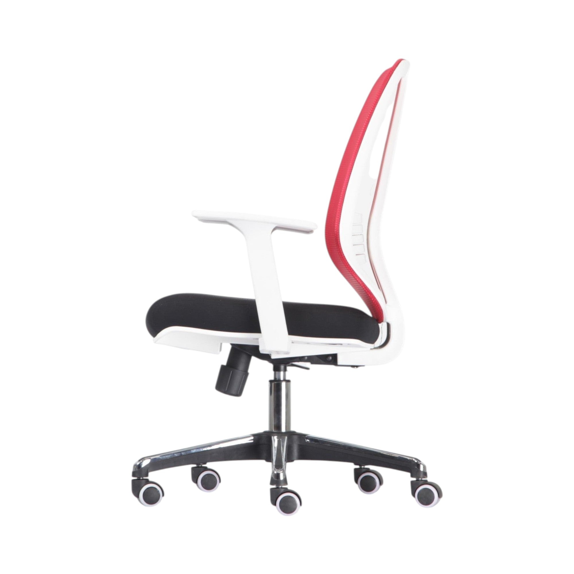 Xiaoyaozuo office chair: Ergonomic black mesh office chair with red trim, white armrests, and chrome base with casters.
