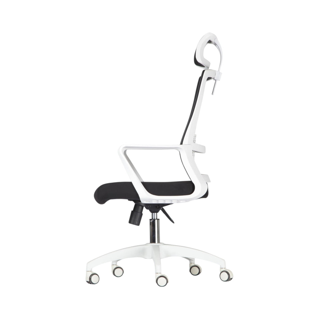 Xiaoyaozuo office chair: White and black ergonomic mesh office chair with adjustable headrest and lumbar support.