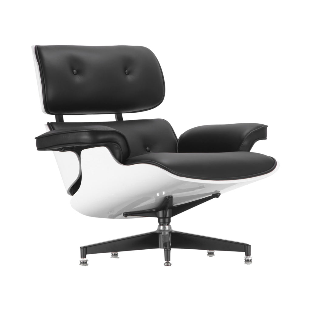 Xiaoyaozuo office chair executive lounge chair with black leather upholstery and white molded shell, featuring a swivel base.