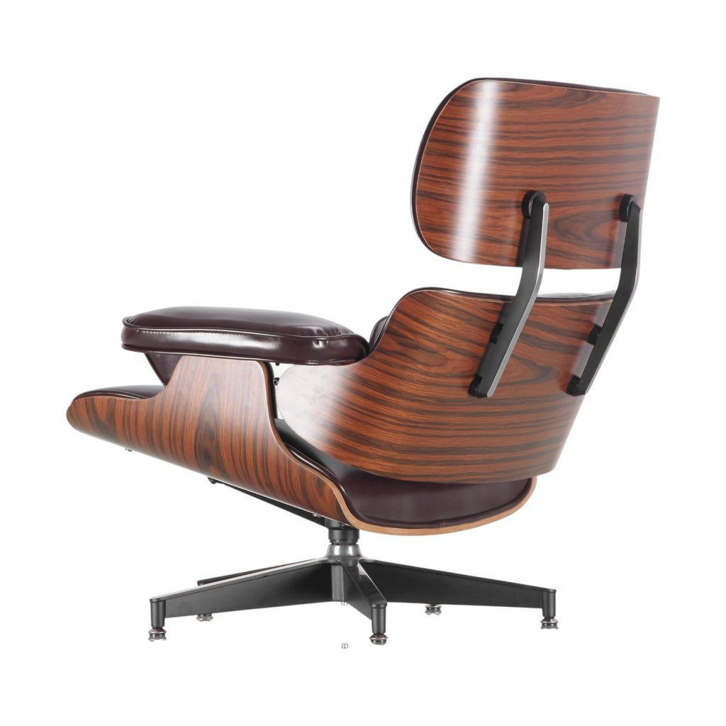 Xiaoyaozuo office chair executive lounge chair with brown leather upholstery and wood veneer shell on a swivel base.
