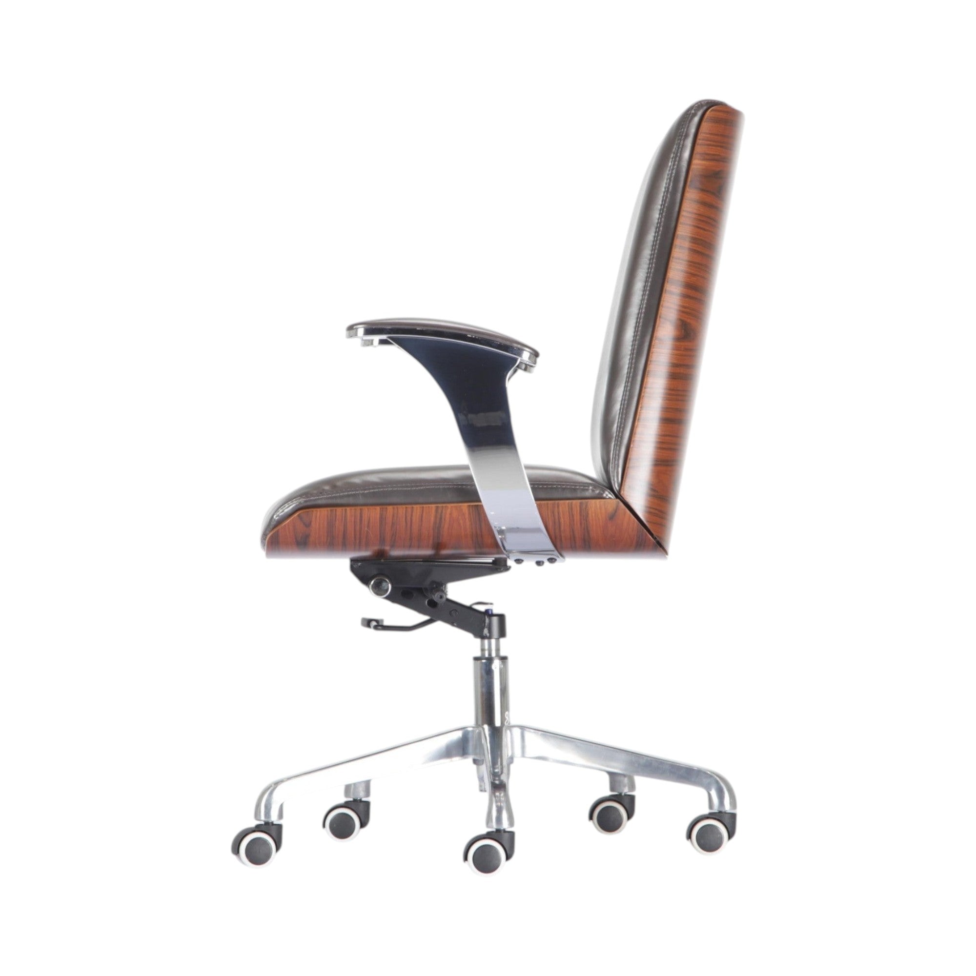 Xiaoyaozuo office chair executive chair with dark brown faux leather and curved wood veneer backrest, chrome base, casters.