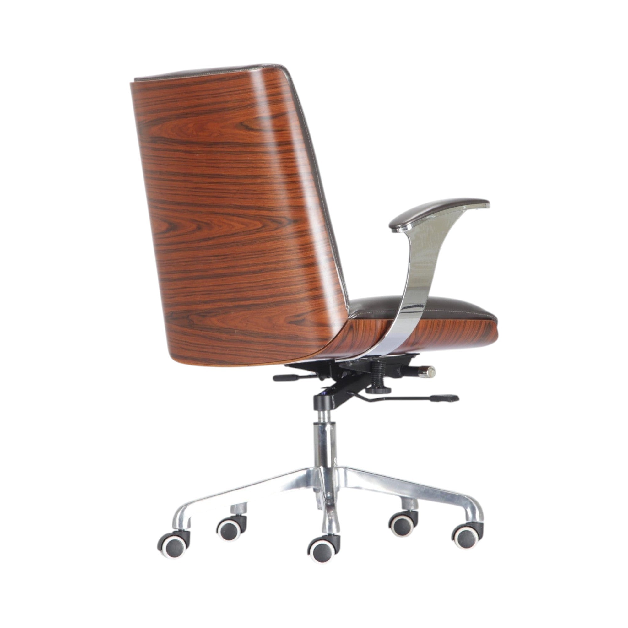 Xiaoyaozuo office chair: Executive chair with dark brown faux leather seat and curved wood veneer backrest. Chrome base with casters.