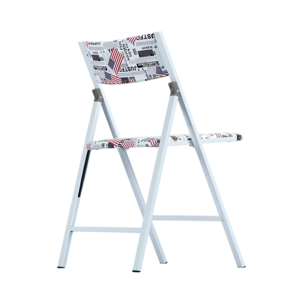 Xiaoyaozuo office chair folding chair with newspaper and American flag print on white metal frame.