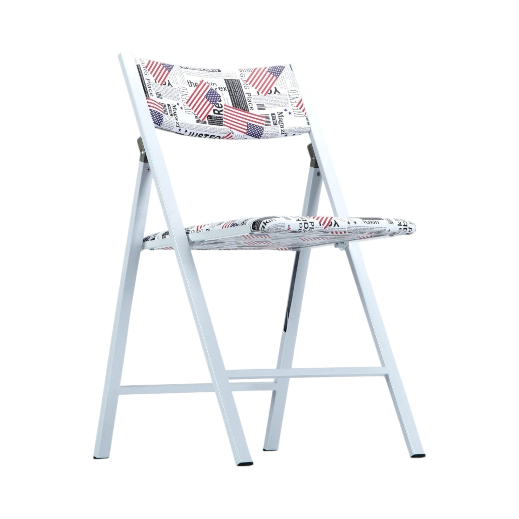 Xiaoyaozuo office chair modern folding chair with American flag and newspaper print on white metal frame.