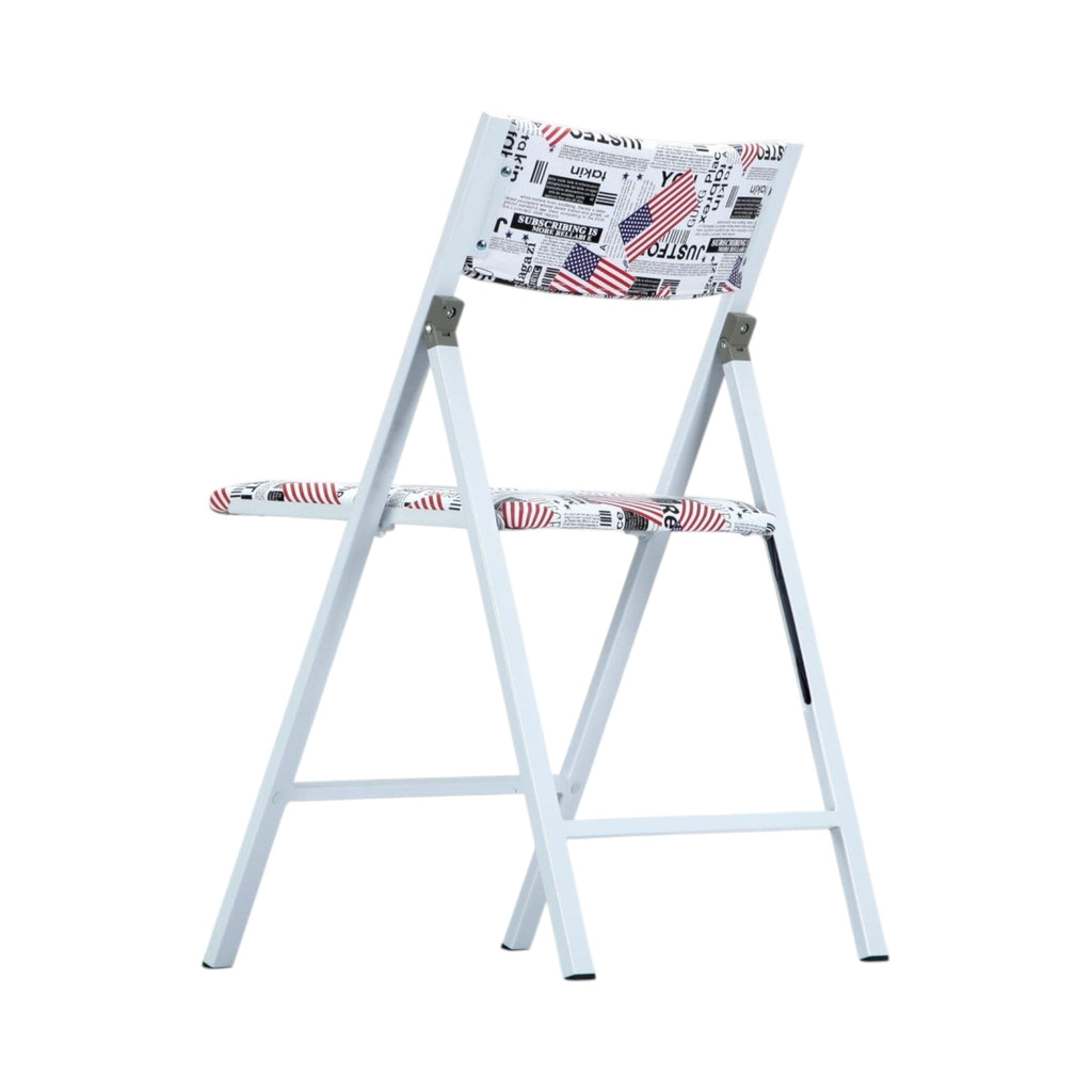 Xiaoyaozuo office chair modern folding chair with newspaper and American flag print on white metal frame.