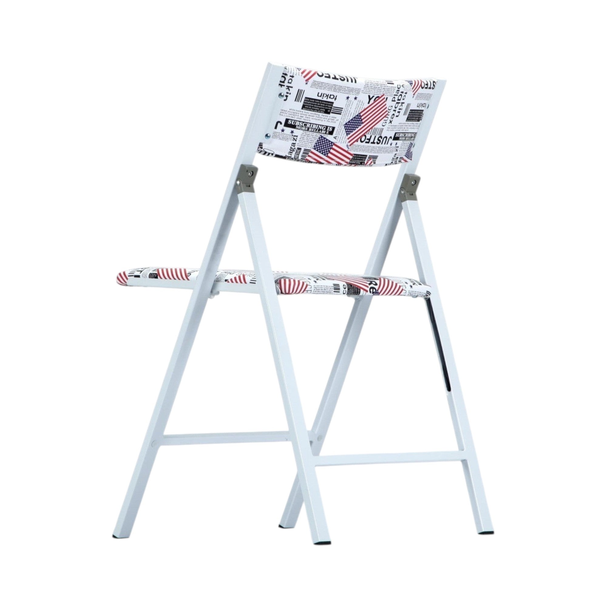 Xiaoyaozuo office chair modern folding chair with newspaper and American flag print on white metal frame.