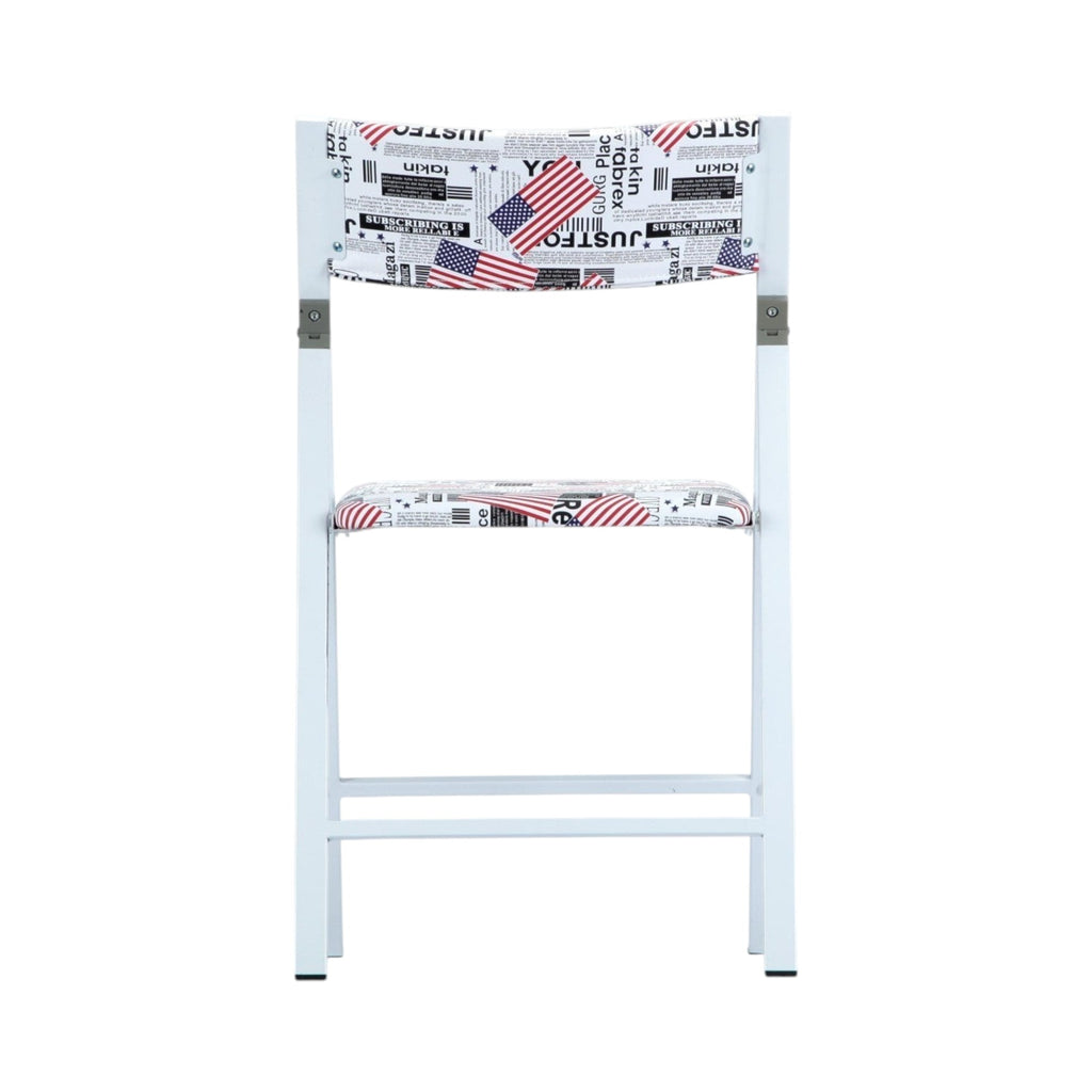 Xiaoyaozuo office chair: White metal folding chair with newspaper and American flag print on seat and backrest.