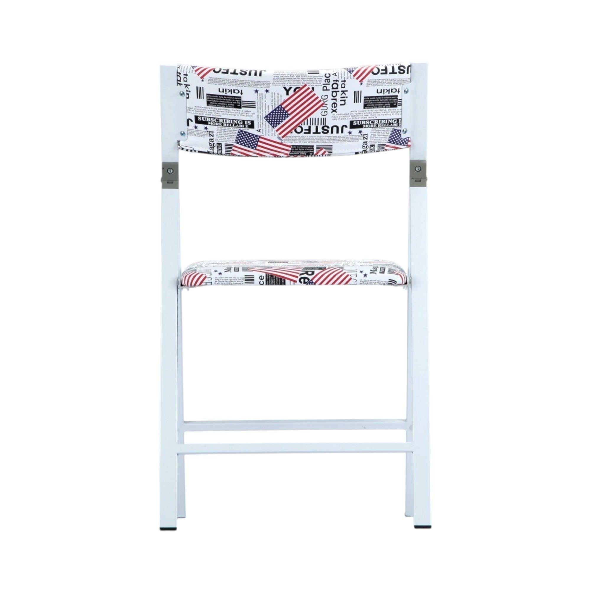 Xiaoyaozuo office chair: White metal folding chair with newspaper and American flag print on seat and backrest.