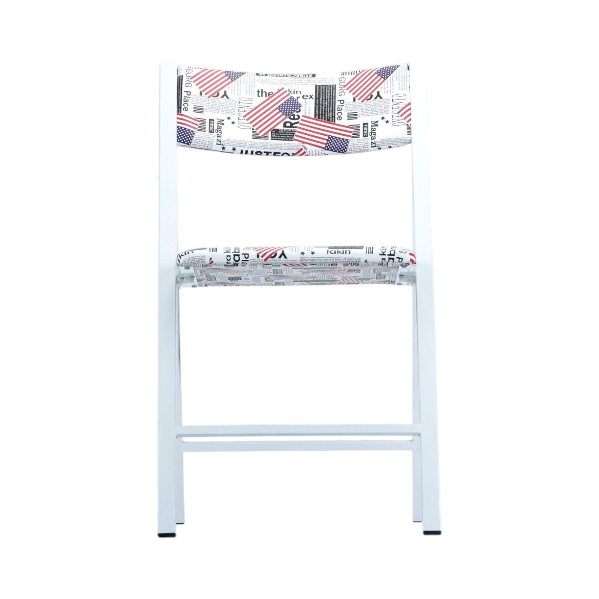 Xiaoyaozuo office chair, modern folding chair with newspaper and American flag print on white metal frame.