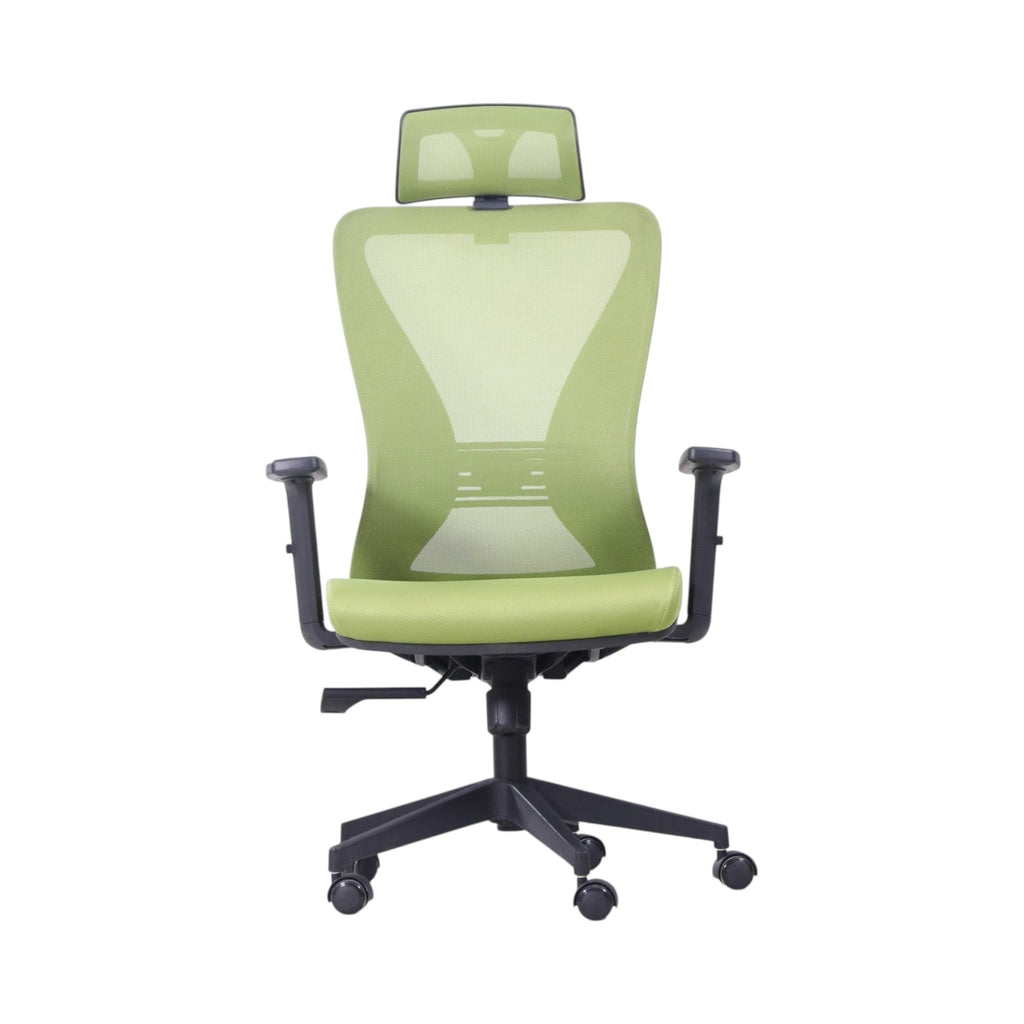 Xiaoyaozuo office chair: green ergonomic mesh office chair with adjustable headrest and padded seat, on black casters.