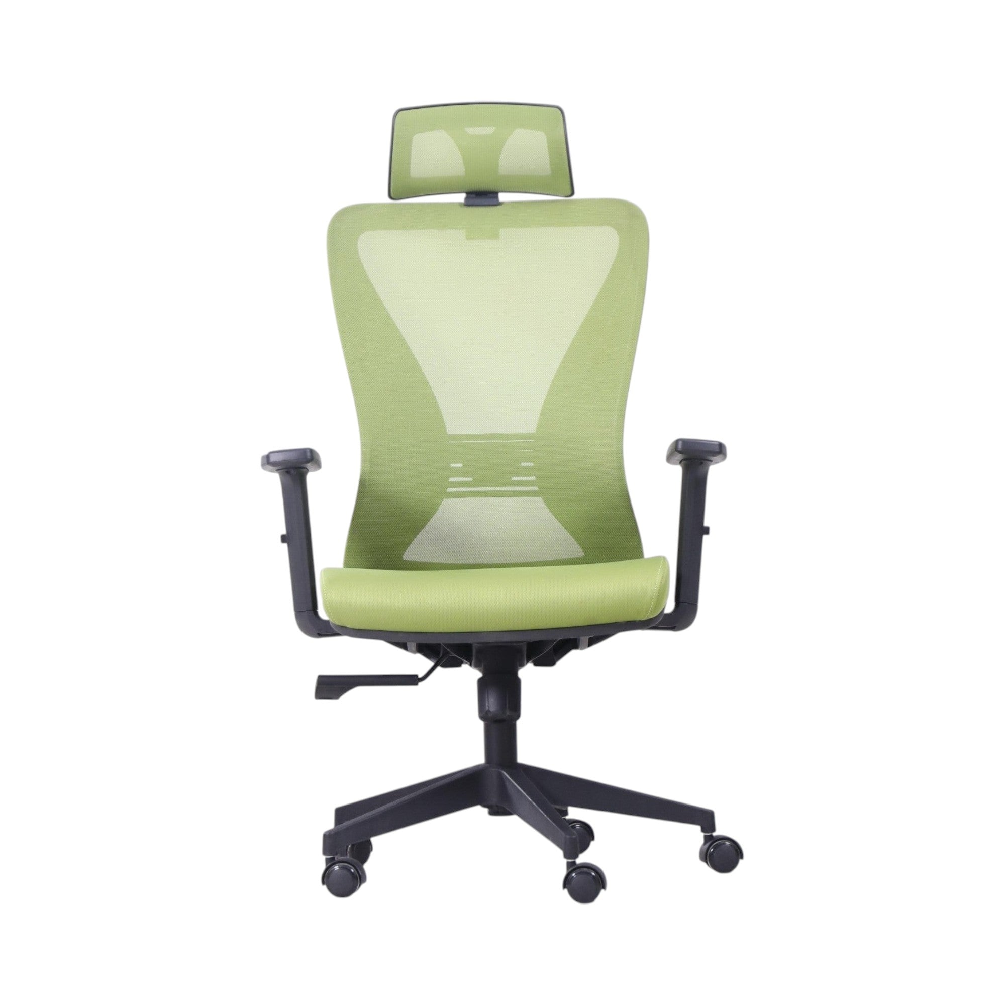 Xiaoyaozuo office chair: green ergonomic mesh office chair with adjustable headrest and padded seat, on black casters.