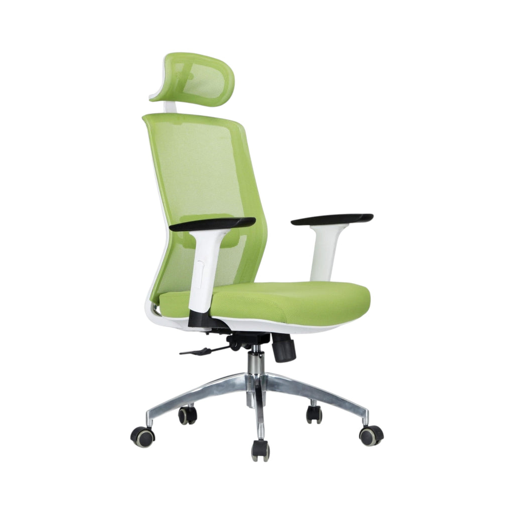 Xiaoyaozuo office chair: green ergonomic mesh office chair with adjustable headrest and padded seat, white frame, and silver casters.