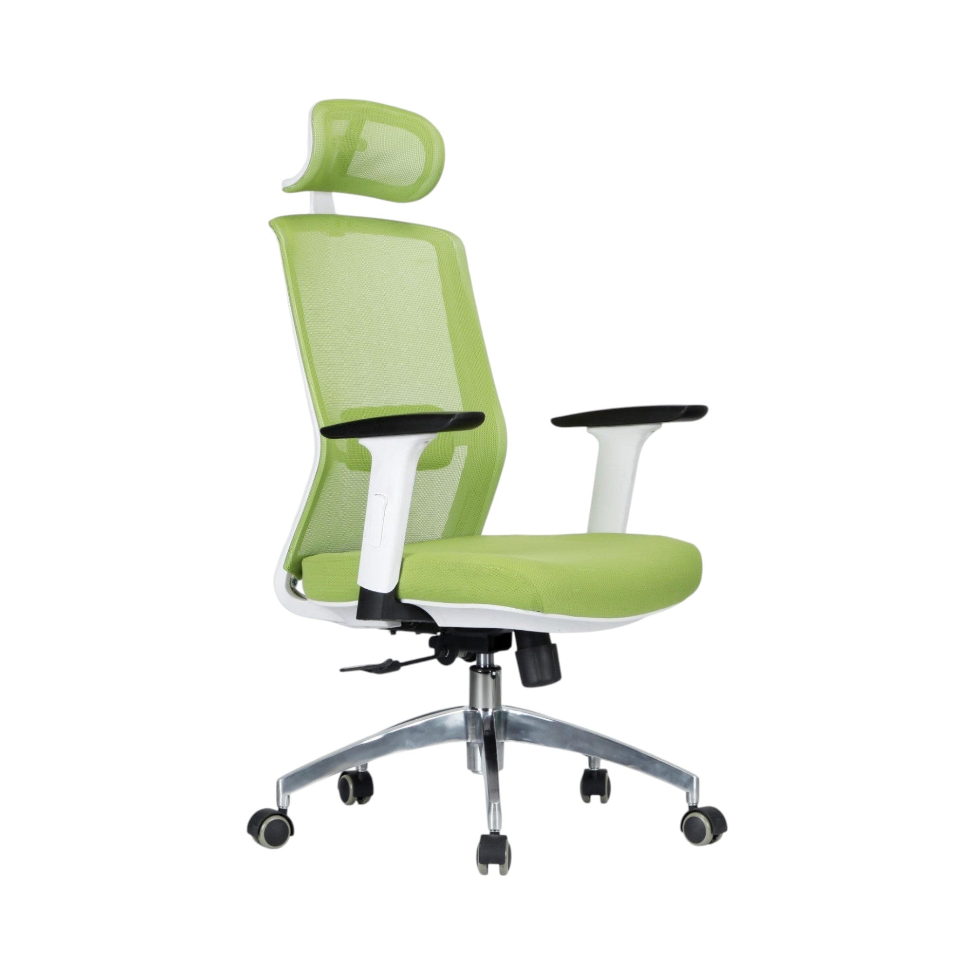 Xiaoyaozuo office chair: green ergonomic mesh office chair with adjustable headrest and padded seat, white frame, and silver casters.