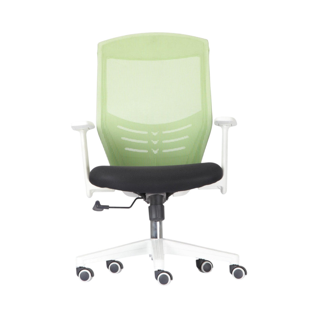 Xiaoyaozuo office chair: Ergonomic green mesh back office chair with black padded seat and white frame. Features adjustable height and casters.