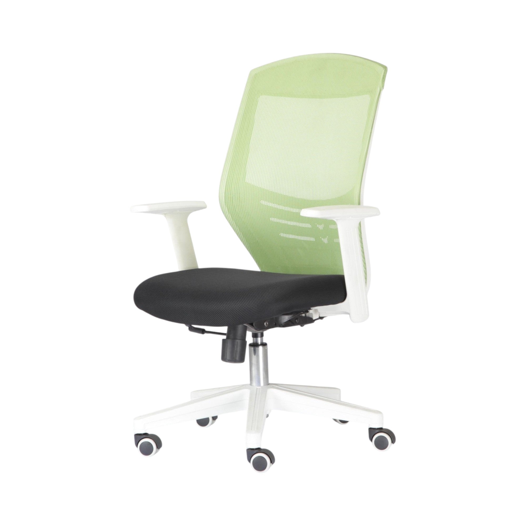 Xiaoyaozuo office chair: Ergonomic green mesh back office chair with black padded seat, white arms and base, and rolling casters.
