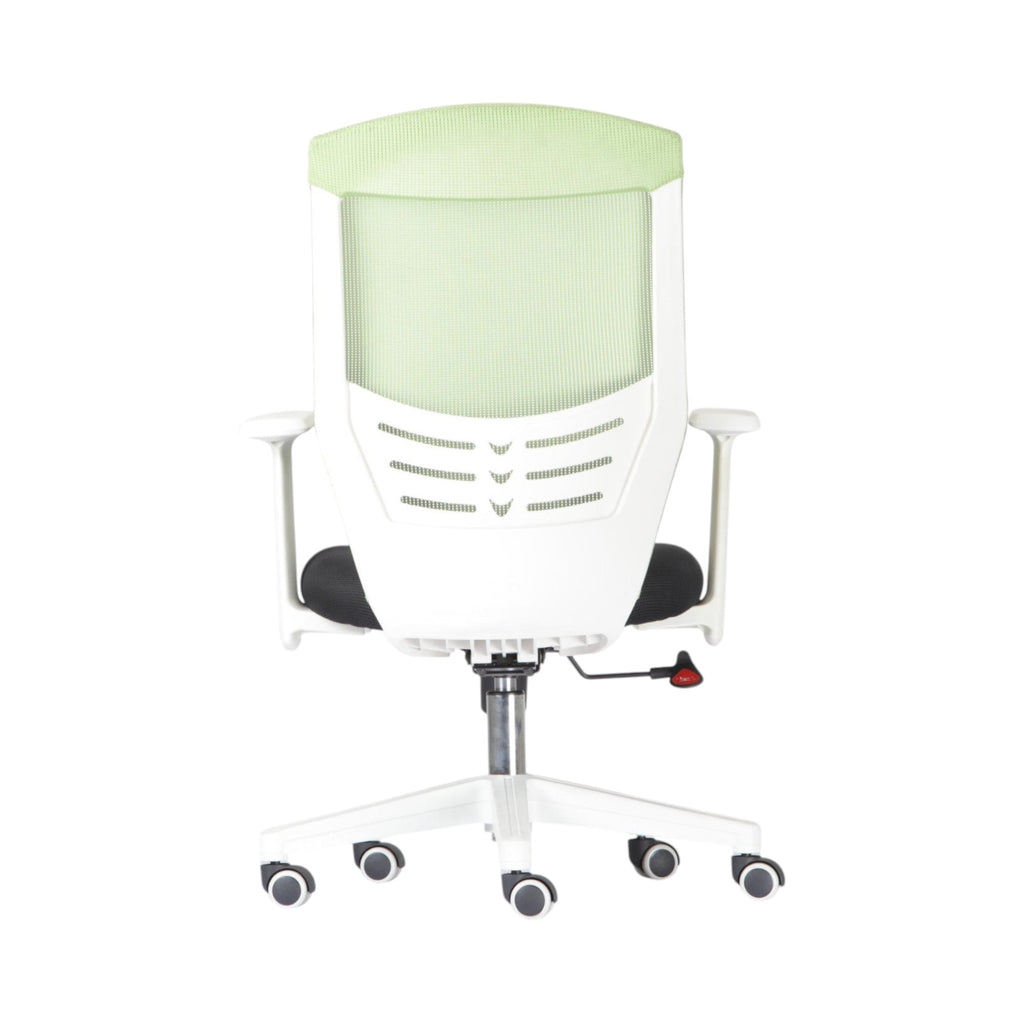 Xiaoyaozuo office chair: Ergonomic mesh back office chair in green and white with adjustable height and casters.