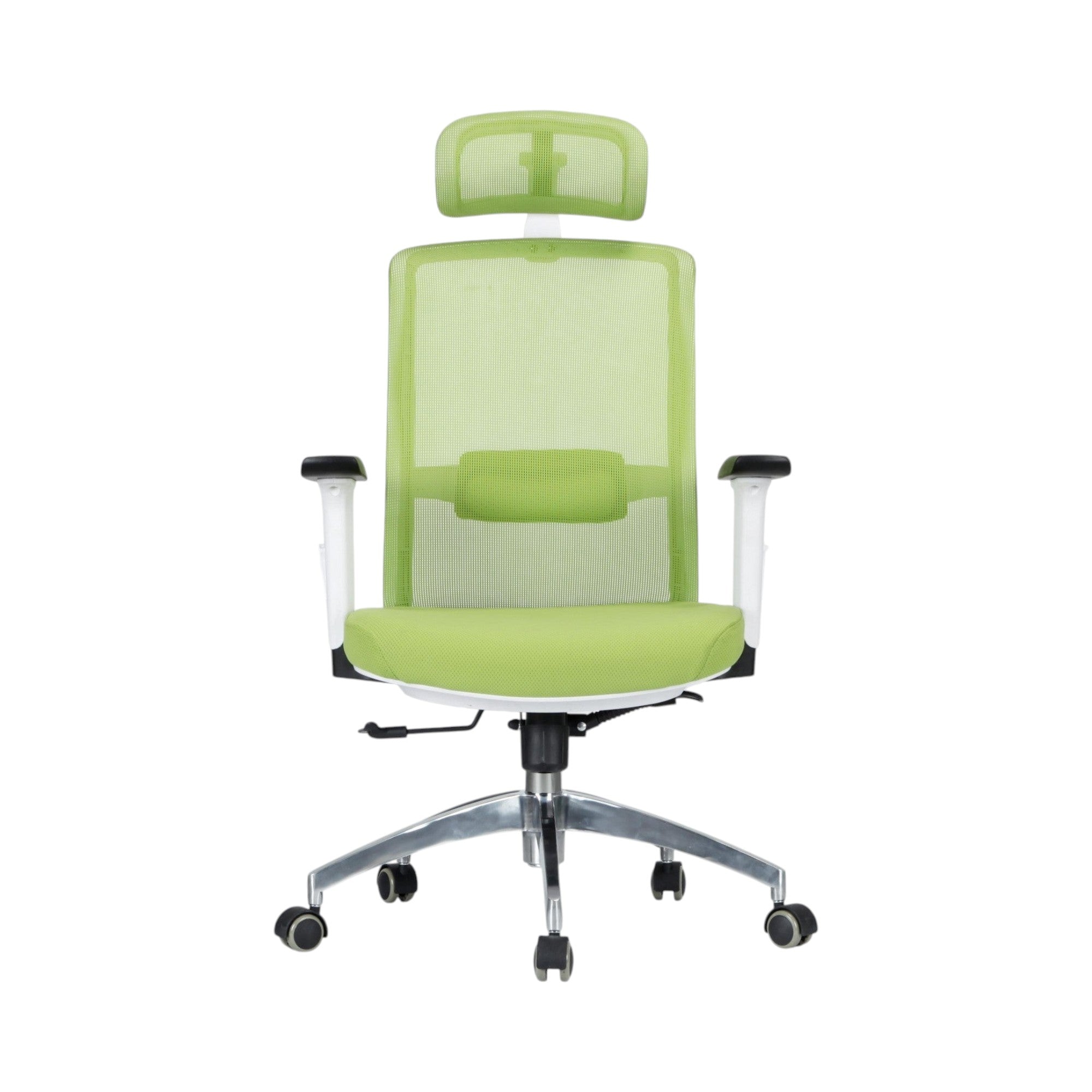 Xiaoyaozuo office chair: Ergonomic green mesh office chair with adjustable headrest, lumbar support, and padded seat on chrome base with casters.