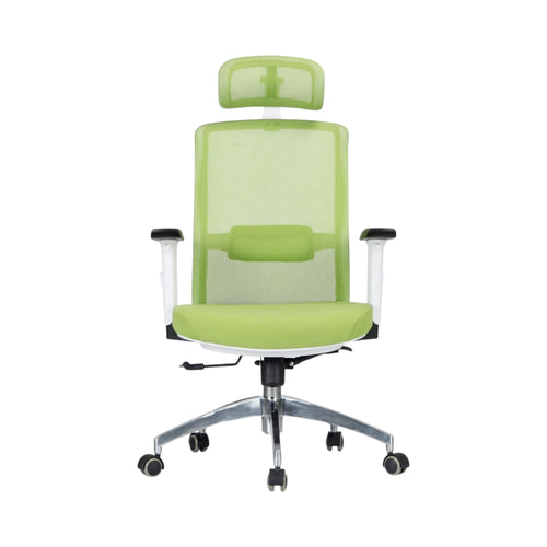 Xiaoyaozuo office chair: Ergonomic green mesh office chair with adjustable headrest, lumbar support, and padded seat on chrome base with casters.