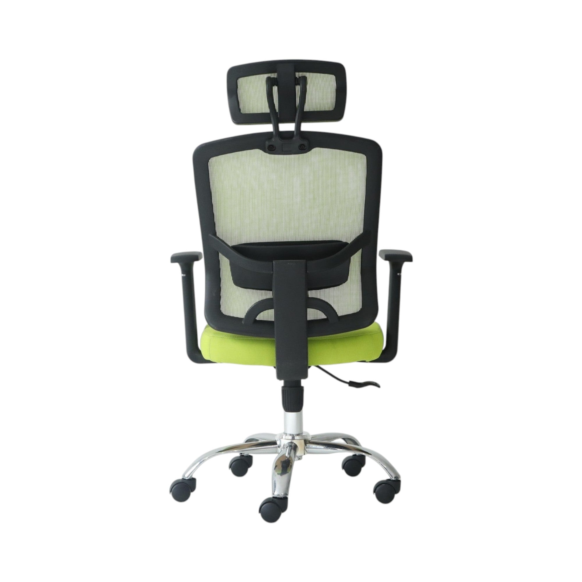 Xiaoyaozuo office chair ergonomic mesh chair with adjustable headrest and green padded seat, on wheels.