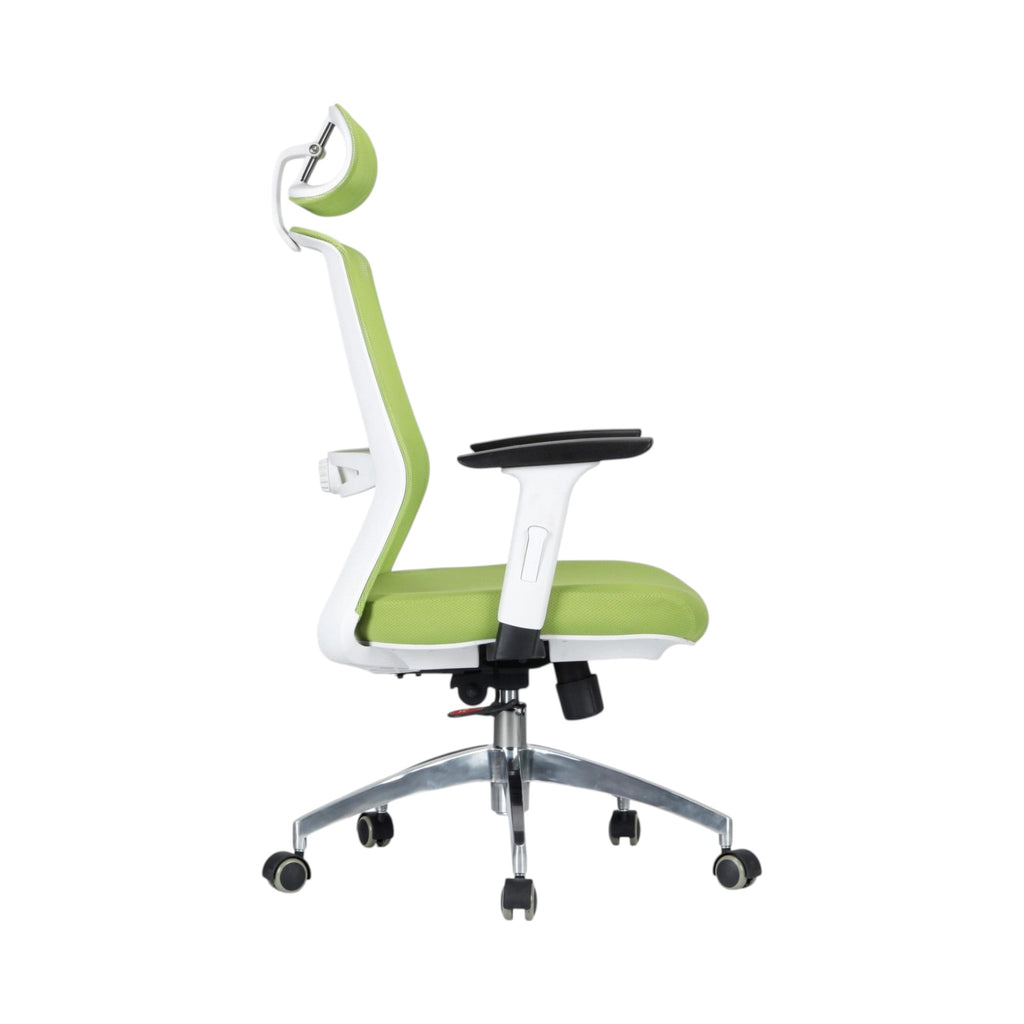 Xiaoyaozuo office chair in lime green and white mesh, with adjustable headrest and armrests.