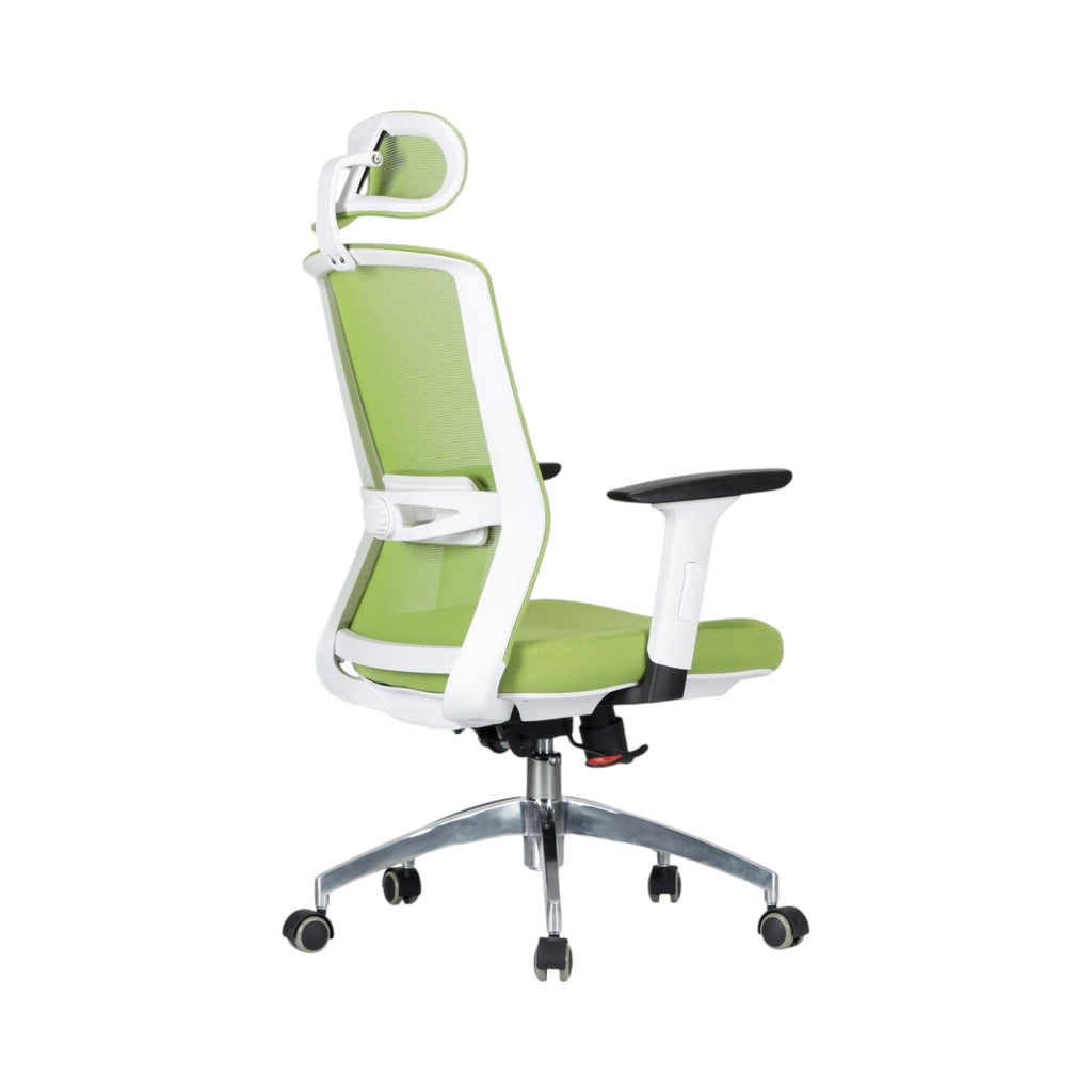 Xiaoyaozuo office chair: green mesh ergonomic office chair with adjustable headrest and white frame, on silver casters.
